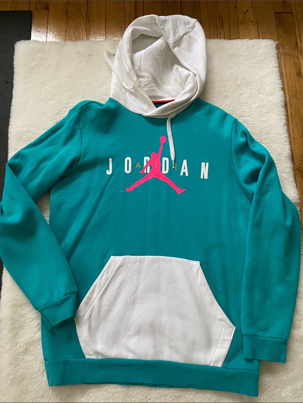 Jordan Teal Pullover Hoodie with White Hood and Pink Logo